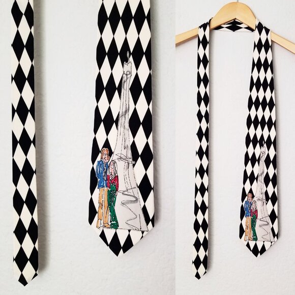 John Lennon Artwork Original 100% Silk John & Yoko Eiffel Tower Checker Neck Tie - Picture 9 of 13